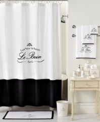 Parisian-inspired elegance transforms the bathroom with this Le Bain shower curtain from Kassatex, featuring a beautiful white cotton background embellished with embroidered French words for a classic and refined look.