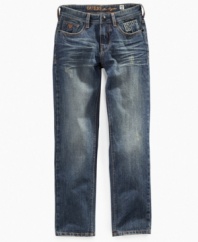 Break 'em in. These comfy, straight-legged jeans from Guess already have a lived-in look he'll love.