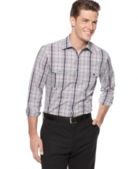 Get your sophisticated style all lined up with this standout slim-fit plaid shirt from Alfani.