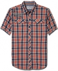 Spread your style wings. Your casual wardrobe will take flight with this bold plaid shirt from DKNY Jeans.