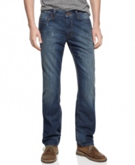 Slim through the leg and relaxed towards the ankle, these distressed Bleecker-fit jeans from DKNY Jeans bring a modern look that works hard for your wardrobe.
