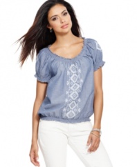 Chic chambray and crafted embroidery create a fashionable yet relaxed look on Style&co.'s peasant top. Wear it with white capris and your favorite sandals!