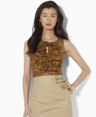 A cascade of ruffles and an eclectic pattern of earth-tone paisley impart easy elegance to Lauren by Ralph Lauren's sleeveless blouse in lightweight cotton voile.