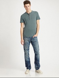 Heavy washing and whiskering lends a downtown, city vibe to this casual, slim-straight silhouette.Five-pocket styleInseam, about 3498% cotton/2% polyurethaneMachine washMade in USA