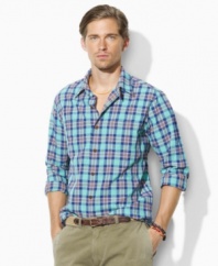 A bold, bright plaid enlivens a trim-fitting workshirt in soft dobby-woven cotton.