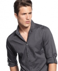 Keep your cool with this striped shirt with roll-tab sleeves from INC International Concepts.