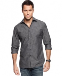 Keep it modern with this shirt from Alfani. The light cotton blend and intricate slub pattern will keep you looking fresh on those warm winter nights.