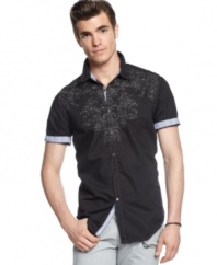Up your weekend style by epic proportions with this detailed button-front shirt from INC International Concepts.