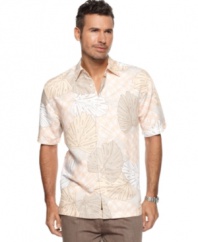 Fall into easy style with this leaf-print patterned shirt from Cubavera.