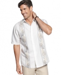 Go with the flow. Make your laid-back vibe apparent with this relaxed, embroidered shirt from Cubavera.