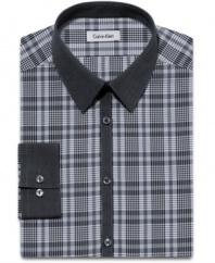 A crisp plaid and a contrast collar gives this slim-fit shirt from Calvin Klein instant presence from the boardroom to the break room.
