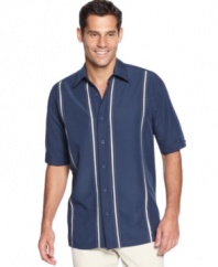 Basic gets a boost, and so will your outfit, in this stylish shirt from Cubavera.