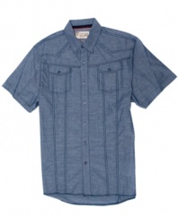 In a chilled-out chambray, this short-sleeved shirt from No Retreat is ready to take on your weekend.