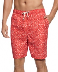 Stay stylish even in the sun with these preppy, bandana-patterned swim trunks from Club Room