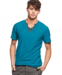 Don't copy the usual t-shirt style. Change up your look with this drawstring y-neck shirt from Bar III and get noticed.