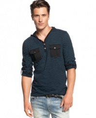 Lighten your layered look this summer with this y-neck striped hoodie from INC International Concepts.