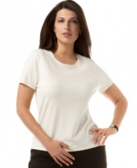Jones New York Collection's classic plus size tee in a soft blend of silk and nylon is a great layering piece for suits and cardigans.