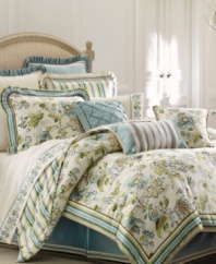 Inspired by the Greek Island of Corfu, this Croscill comforter set features a lush, floral landscape on luxurious jacquard fabric. Soft hues evoke a traditional Mediterranean feel, and mitered corners and twist cord trim complete the look.