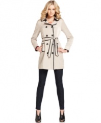Faux-leather trim adds edge to this otherwise classic Kensie trench coat for a fashion-forward fall look!