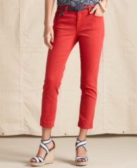 New American classic: Say bye-bye to basic blues for cropped jeans in a rich red wash, from Tommy Hilfiger.