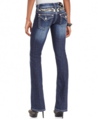 A rhinestone embellished back yoke adds eye-catching appeal to these Miss Me bootcut jeans -- perfect for daytime glam!