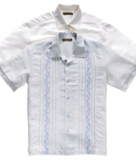 Stock up on your getaway essentials with this breezy short-sleeved panel shirt from Cubavera.