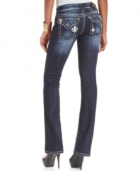 Rhinestone and embroidered embellishments at the back pockets add eye-catching appeal to these Miss Me bootcut jeans -- perfect for daytime glam!