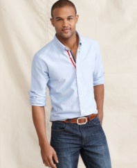 This chambray shirt from Tommy Hilfiger is the ideal complement to your denim look. Contrast placket detailing adds some preppy polish to your style.