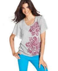 Summer's in bloom: Style&co.'s flutter-sleeve tee features a bold floral print with a touch of metallic shine.
