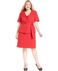 Make a confident statement in this red plus size Tahary by ASL skirt suit, featuring a chic belted jacket and classic skirt silhouette.
