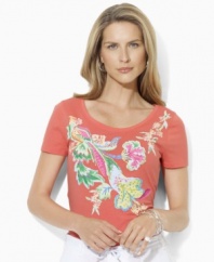 Inspired by the rich wildlife of the tropics, a vibrant graphic with beautiful, raised embroidery lends an exotic, feminine feel to Lauren by Ralph Lauren's short-sleeved tee.