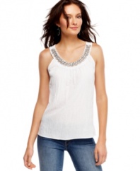 Take effortless dressing to the next level with NY Collection's stylish scoop-neck top. Intricate beading at the neckline makes this breezy look a must-have for the season.