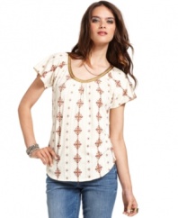 Inspired by gorgeous painted tiles, this Lucky Brand Jeans top features a geometric print and metallic braided trim at the neckline for artisan appeal.