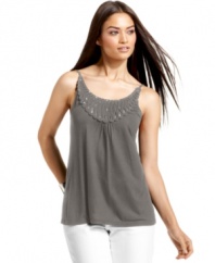 INC's petite top is full of flattering features! From the rhinestone-embellished scoop-neck to the simple front pleats -- it's a perfect warm-weather top!