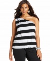 Try out a new, fun and flattering plus size silhouette: INC's one-shouldered tank puts a sexy new spin on classic stripes with a touch of metallic shine.
