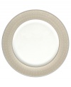 Add earthy charm to the rest of the Étoile Platinum dinnerware collection with this soft tan charger plate inspired by Monique Lhullier's favorite evening gown silks. In pearlescent china with glossy raised dots and fine stitch-like detail.