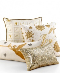 Joy to the world! Martha Stewart Collection brings the holiday spirit to your home with this decorative pillow, featuring golden snowflakes and ball trim. Finished with the embroidered word: Joy.