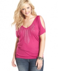 Sassy cutouts spotlight Belle Du Jour's short sleeve plus size top, finished by an embellished front-- team it with your fave jeans.