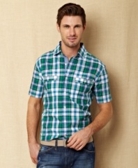 Change your casual pattern with this big plaid short-sleeved woven shirt from Nautica.