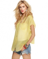 An asymmetrical hi-lo hem adds edge to this sheer Free People chiffon blouse -- a hot summer must-have!