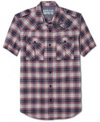 This short-sleeved plaid shirt from DKNY Jeans is ready to rock summer cool.