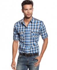 How the west was cool. This plaid western-inspired shirt from Marc Ecko Cut & Sew will be your summer style staple.