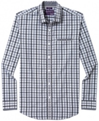 Fine plaid and gingham check accents on the cuffs, placket, pocket and collar give this shirt from American Rag a sharp style.