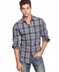 Plaid picks up a few new tricks. This shirt from INC International Concepts borrows scholarly elbow patches to elevate your casual look.