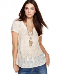 Gauzy embroidered fabric with chic tassel ties combine in this Lucky Brand Jeans top for an ethereal vibe with a global twist. Try it with a cami and jeans for easy weekend style.
