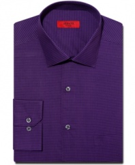 Purple reign. Freshen up your wardrobe of white and blue dress shirts with this Alfani fitted style in a saturated, textured hue.