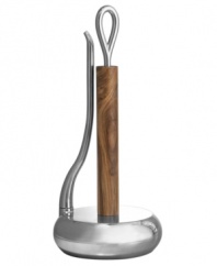 Nambe replaces counter-top clutter with a sculptural paper towel holder combining brilliant alloy and acacia wood. A metal arm anchors the roll so you can pull and tear easily with one hand. Designed by Neil Cohen.