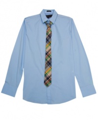 Pair up! Getting dressed will be as simple as grab-and-go with this button-front No Retreat dress shirt and tie.