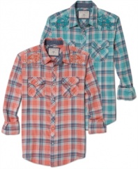 Laid-back plaid. This shirt from Guess gives your weekend style a rough and rugged edge.