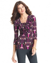 Dress up jeans in an instant with Ellen Tracy's printed top - the studded inset adds sparkle and a cool layered look, too!